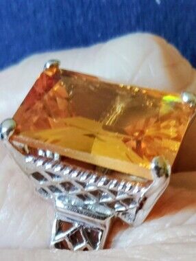 Large Golden Tourmaline - Sparkling Statement Rodium Plated Ring Size 7